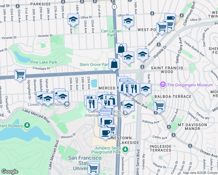 map of restaurants, bars, coffee shops, grocery stores, and more near in San Francisco