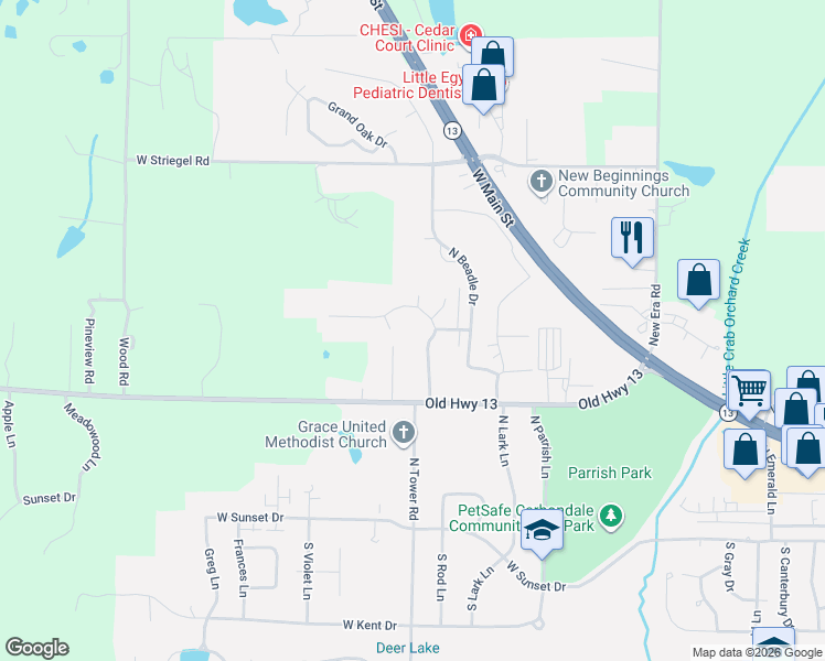 map of restaurants, bars, coffee shops, grocery stores, and more near 500 North Westridge Drive in Carbondale