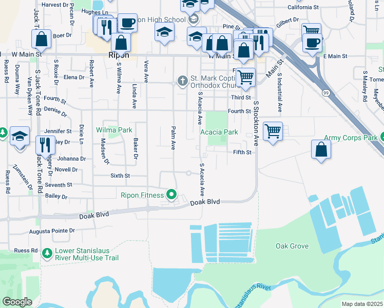 map of restaurants, bars, coffee shops, grocery stores, and more near 831 South Acacia Avenue in Ripon