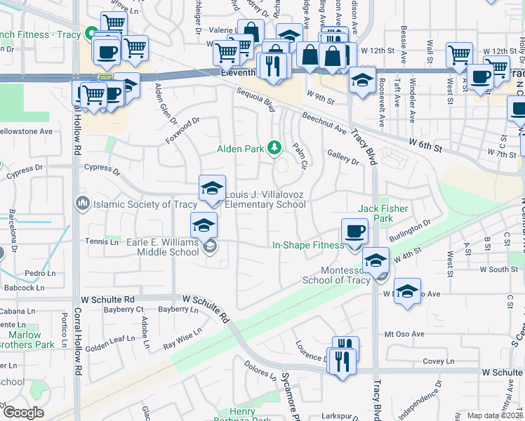 map of restaurants, bars, coffee shops, grocery stores, and more near 273 Redwood Avenue in Tracy