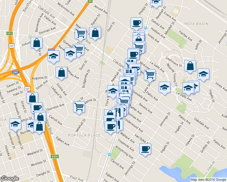 map of restaurants, bars, coffee shops, grocery stores, and more near 10 Flora Street in San Francisco