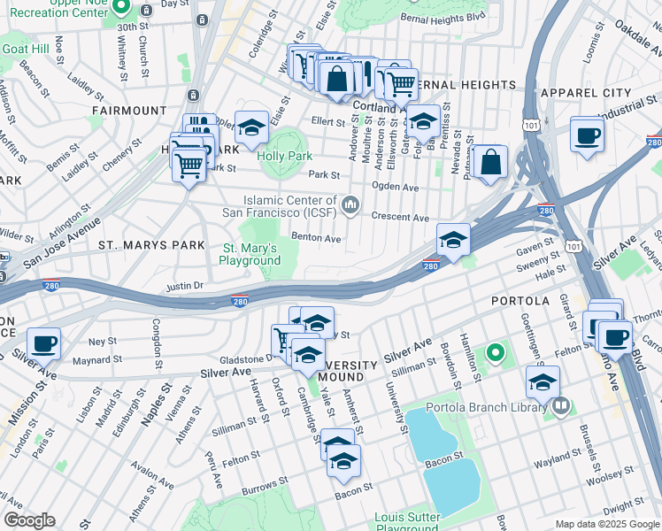 map of restaurants, bars, coffee shops, grocery stores, and more near 570 Alemany Boulevard in San Francisco