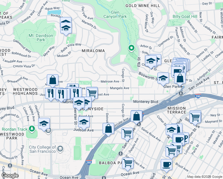 map of restaurants, bars, coffee shops, grocery stores, and more near 360 Joost Avenue in San Francisco