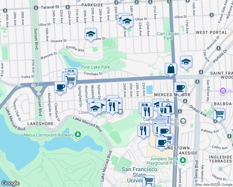 map of restaurants, bars, coffee shops, grocery stores, and more near 96 Inverness Drive in San Francisco