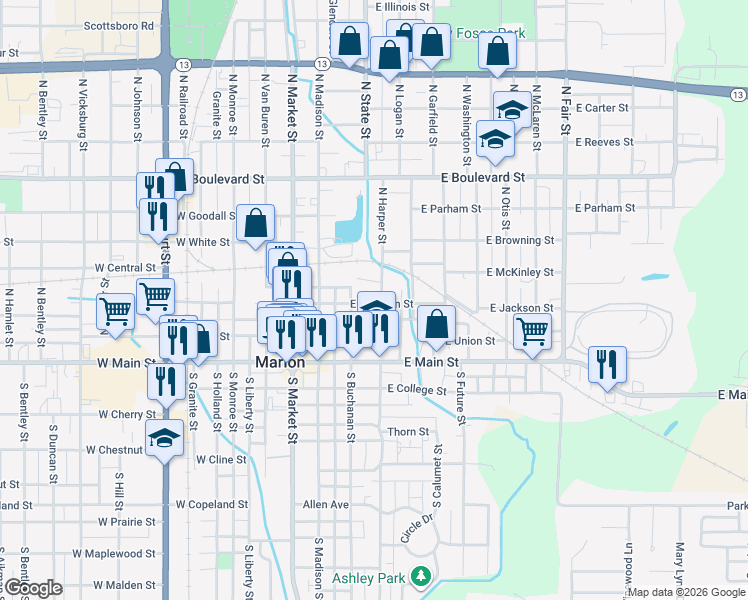 map of restaurants, bars, coffee shops, grocery stores, and more near 300-306 Harper Street in Marion