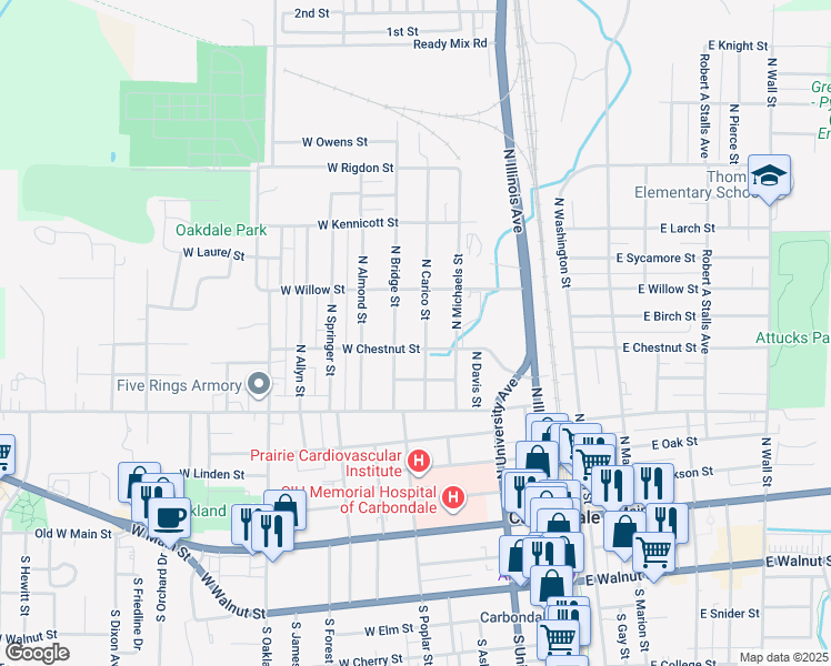 map of restaurants, bars, coffee shops, grocery stores, and more near 701 North Carico Street in Carbondale