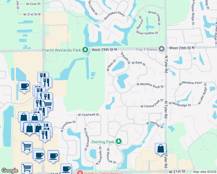 map of restaurants, bars, coffee shops, grocery stores, and more near 2705 North Keith Court in Wichita