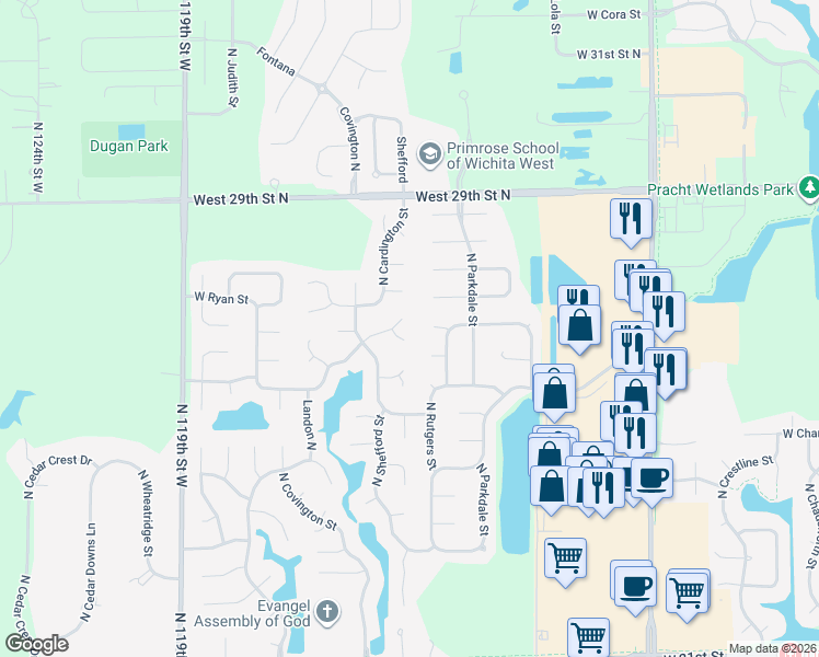 map of restaurants, bars, coffee shops, grocery stores, and more near 11033 West Ryan Circle in Wichita