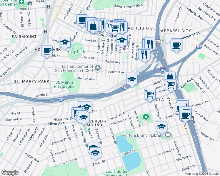 map of restaurants, bars, coffee shops, grocery stores, and more near 2 Alemany Boulevard in San Francisco