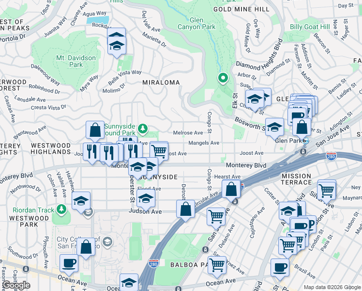 map of restaurants, bars, coffee shops, grocery stores, and more near 426 Joost Avenue in San Francisco