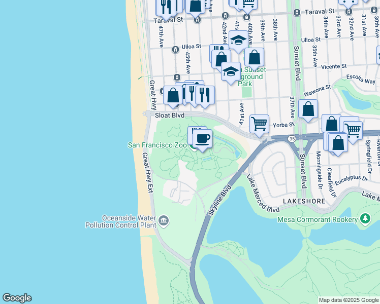 map of restaurants, bars, coffee shops, grocery stores, and more near 1 Zoo Road in San Francisco