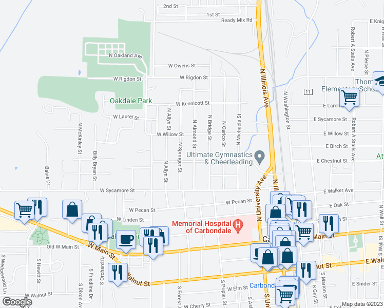 map of restaurants, bars, coffee shops, grocery stores, and more near 606 North Almond Street in Carbondale
