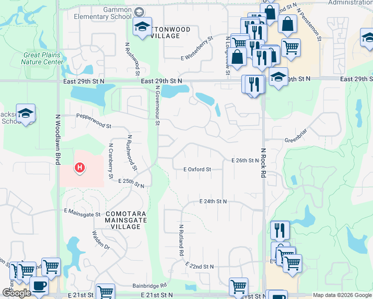 map of restaurants, bars, coffee shops, grocery stores, and more near 7337 26th Street Court in Wichita