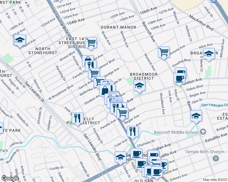 map of restaurants, bars, coffee shops, grocery stores, and more near 76 Georgia Way in San Leandro