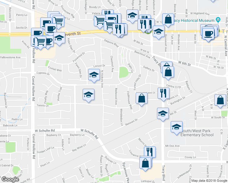 map of restaurants, bars, coffee shops, grocery stores, and more near 273 Redwood Avenue in Tracy