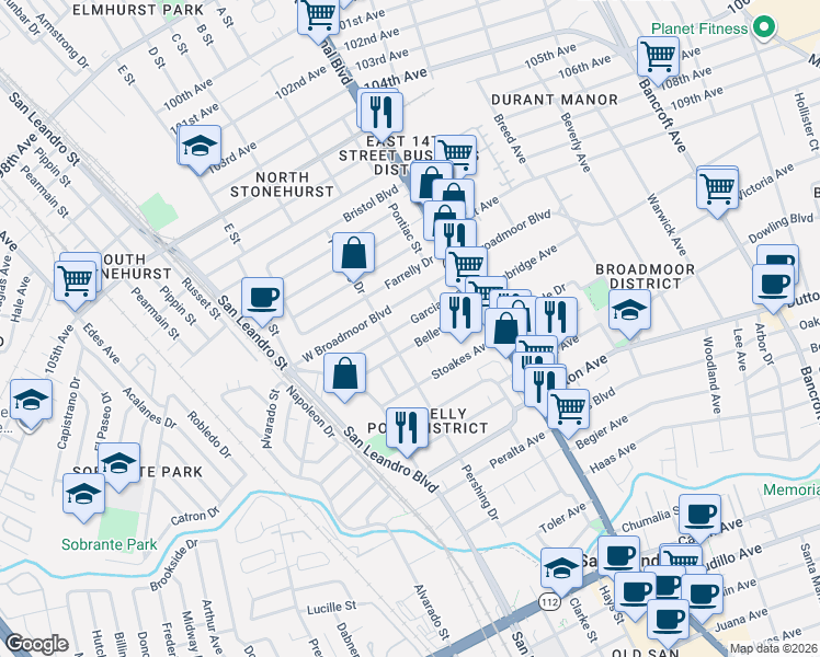 map of restaurants, bars, coffee shops, grocery stores, and more near 297 Garcia Avenue in San Leandro
