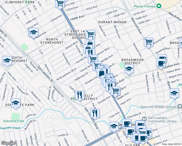 map of restaurants, bars, coffee shops, grocery stores, and more near 185 Belleview Drive in San Leandro