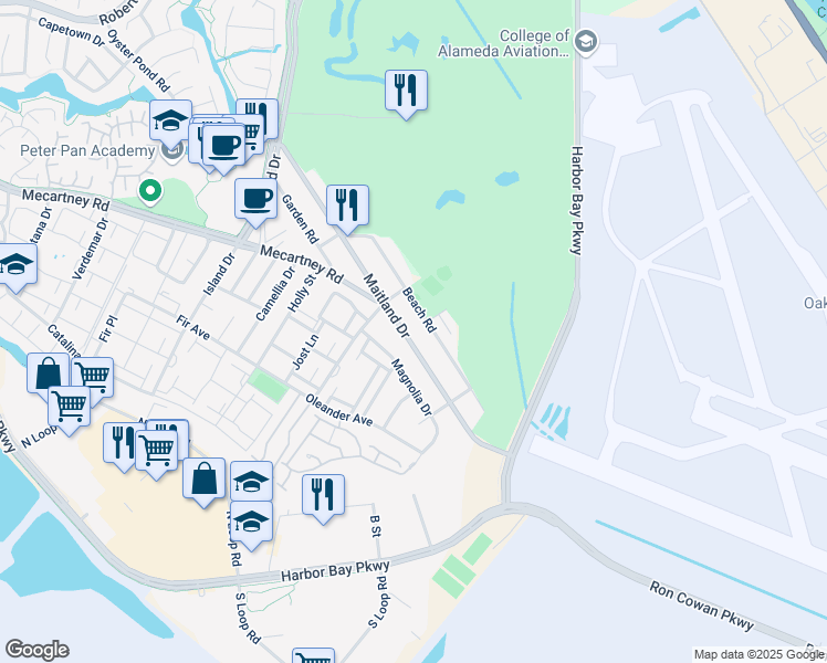 map of restaurants, bars, coffee shops, grocery stores, and more near 301 Maitland Drive in Alameda