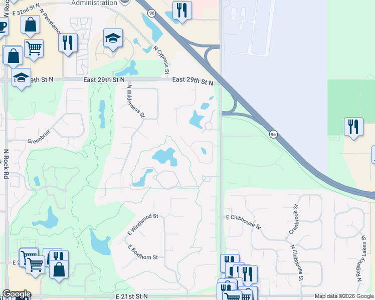map of restaurants, bars, coffee shops, grocery stores, and more near 9405 East Lakepoint Drive in Wichita