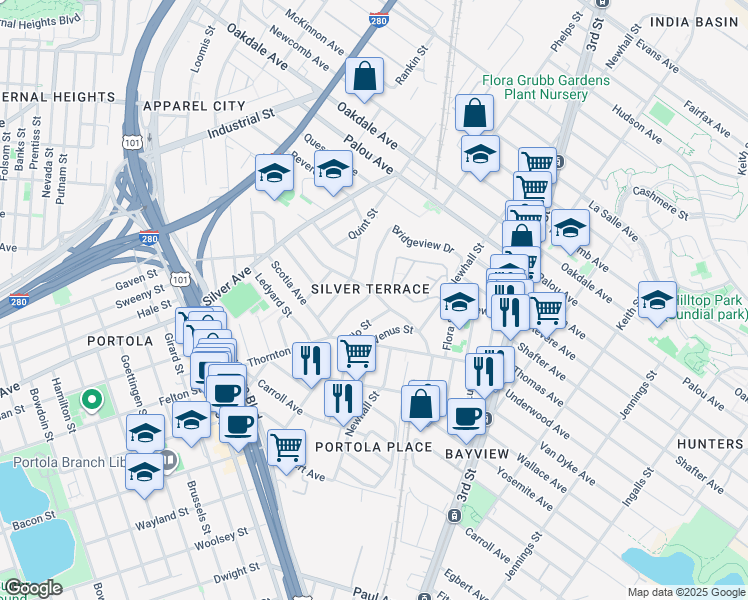 map of restaurants, bars, coffee shops, grocery stores, and more near 9a Apollo Street in San Francisco