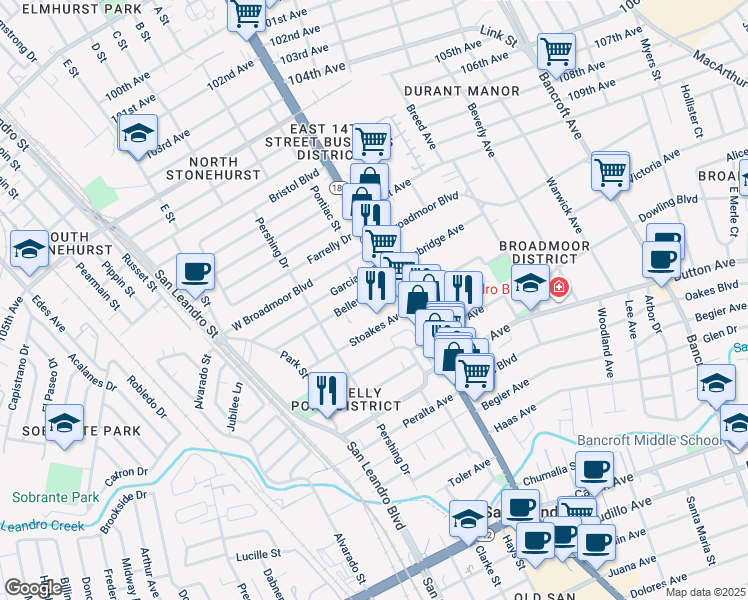 map of restaurants, bars, coffee shops, grocery stores, and more near 185 Belleview Drive in San Leandro