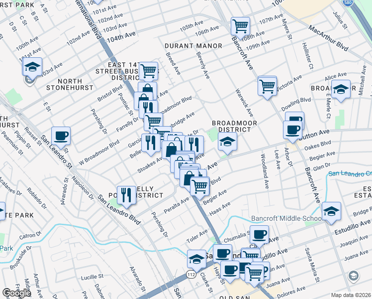 map of restaurants, bars, coffee shops, grocery stores, and more near 76 Georgia Way in San Leandro