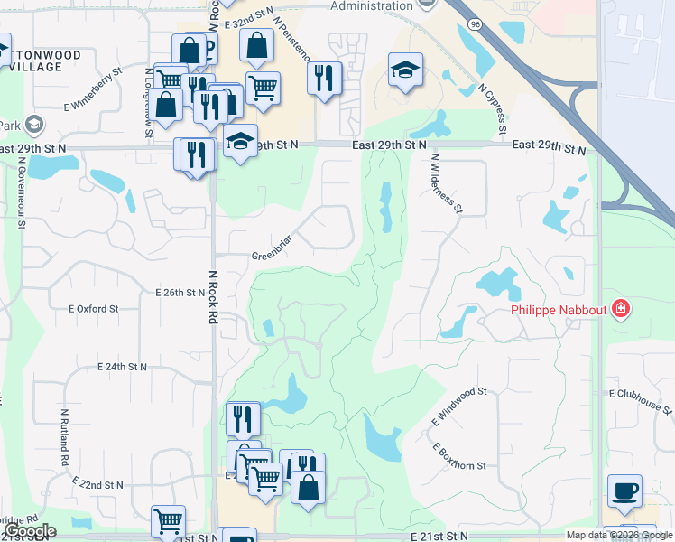 map of restaurants, bars, coffee shops, grocery stores, and more near 8519 East Greenbriar Court in Wichita