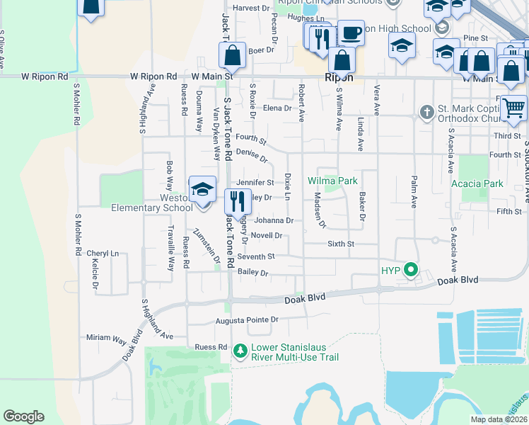 map of restaurants, bars, coffee shops, grocery stores, and more near 1428 Johanna Drive in Ripon