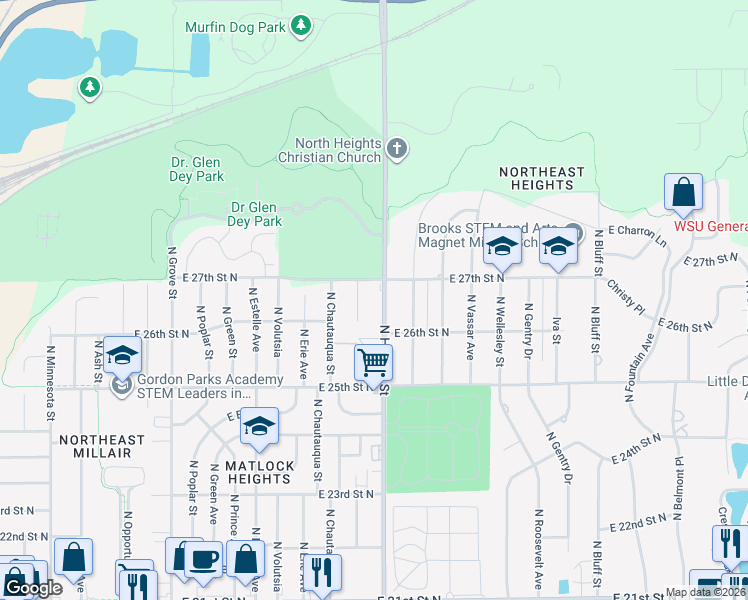 map of restaurants, bars, coffee shops, grocery stores, and more near 2725 North Hillside Street in Wichita