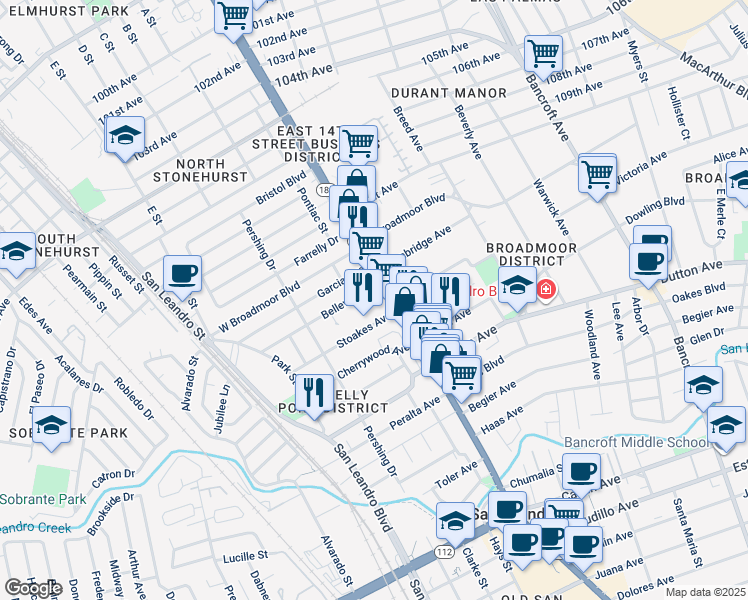map of restaurants, bars, coffee shops, grocery stores, and more near 182 Stoakes Avenue in San Leandro