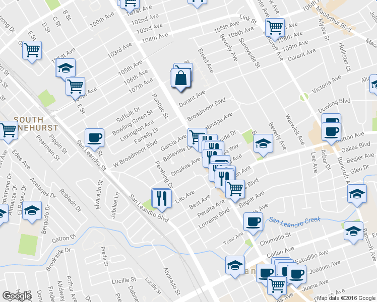 map of restaurants, bars, coffee shops, grocery stores, and more near 182 Stoakes Avenue in San Leandro
