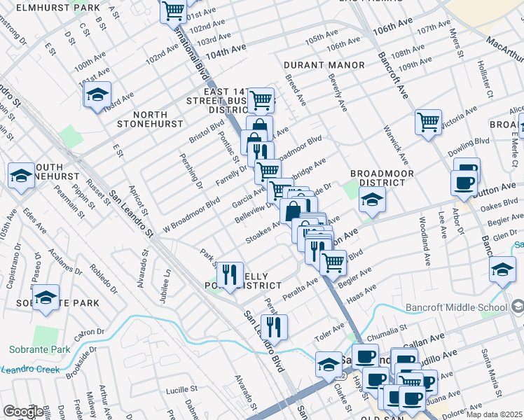 map of restaurants, bars, coffee shops, grocery stores, and more near 182 Stoakes Avenue in San Leandro