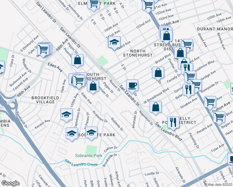 map of restaurants, bars, coffee shops, grocery stores, and more near 10799 Pippin Street in Oakland