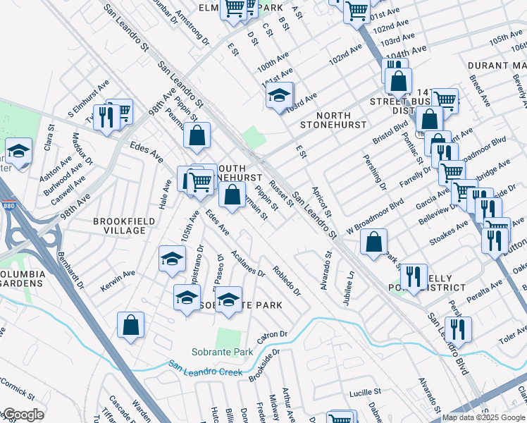 map of restaurants, bars, coffee shops, grocery stores, and more near 750 107th Avenue in Oakland