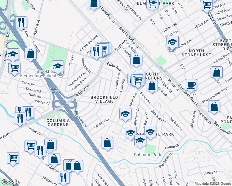 map of restaurants, bars, coffee shops, grocery stores, and more near 415 Hale Avenue in Oakland