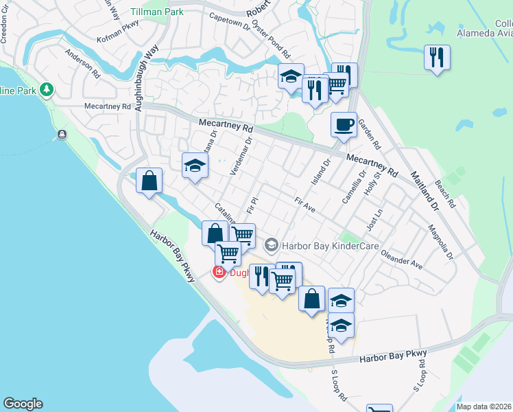map of restaurants, bars, coffee shops, grocery stores, and more near 3170 Phoenix Lane in Alameda