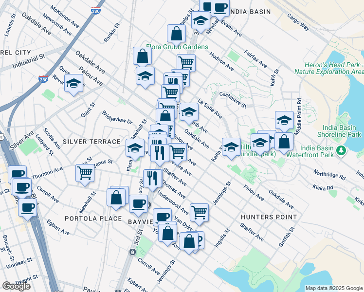 map of restaurants, bars, coffee shops, grocery stores, and more near 1600 Quesada Avenue in San Francisco