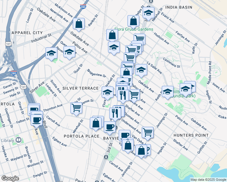map of restaurants, bars, coffee shops, grocery stores, and more near 2 Latona Street in San Francisco