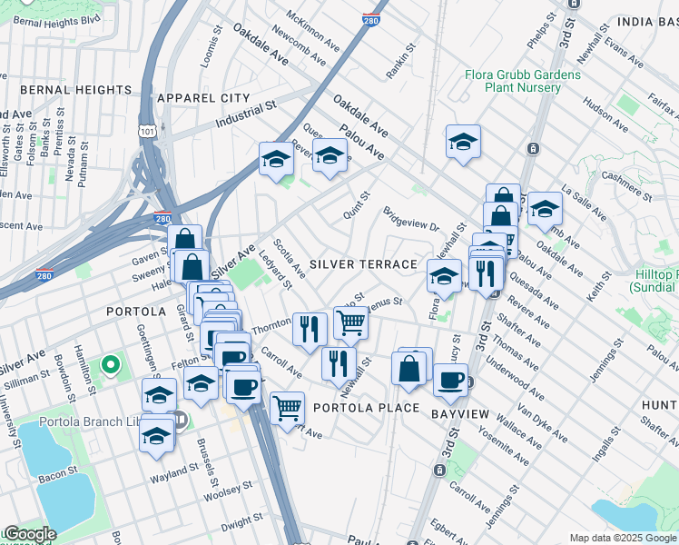 map of restaurants, bars, coffee shops, grocery stores, and more near 347 Bridgeview Drive in San Francisco