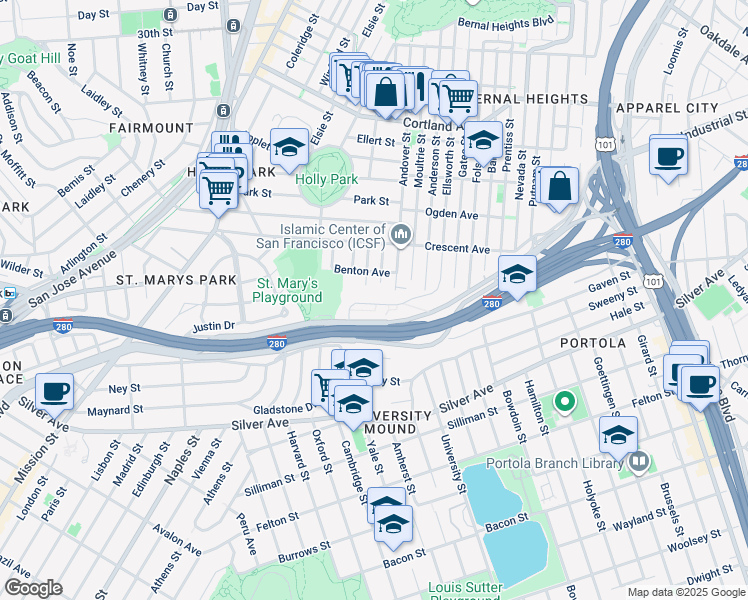 map of restaurants, bars, coffee shops, grocery stores, and more near 570 Alemany Boulevard in San Francisco
