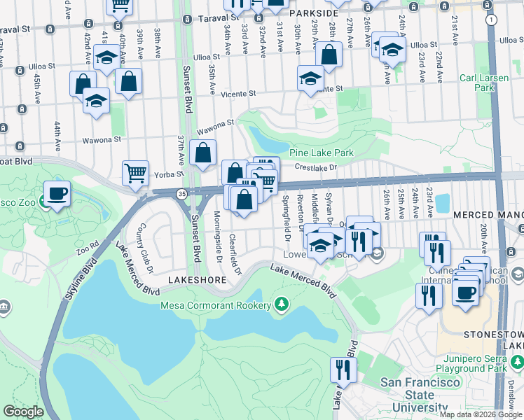 map of restaurants, bars, coffee shops, grocery stores, and more near 1523 Sloat Boulevard in San Francisco