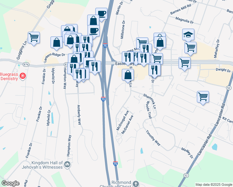 map of restaurants, bars, coffee shops, grocery stores, and more near 120 Manna Drive in Richmond
