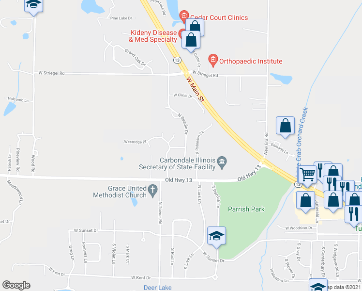 map of restaurants, bars, coffee shops, grocery stores, and more near 409 North Westridge Drive in Carbondale