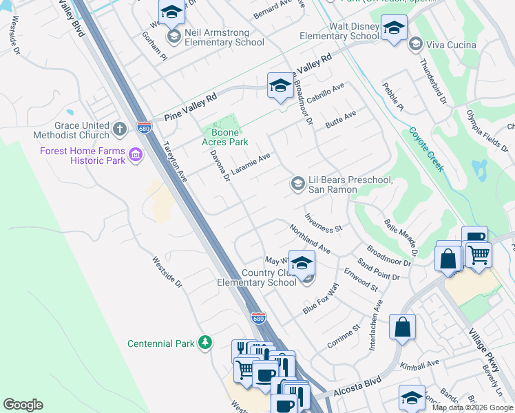 map of restaurants, bars, coffee shops, grocery stores, and more near 2854 Winthrop Avenue in San Ramon