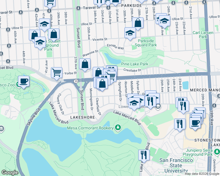map of restaurants, bars, coffee shops, grocery stores, and more near 1595 Sloat Boulevard in San Francisco