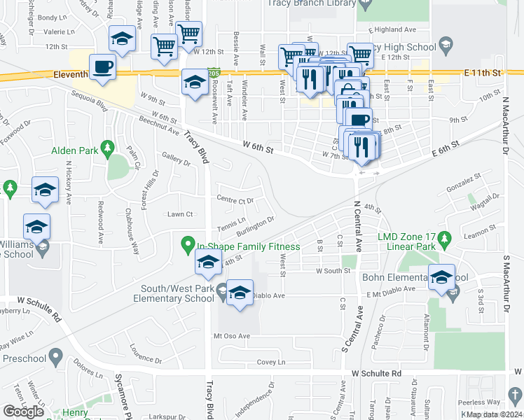 map of restaurants, bars, coffee shops, grocery stores, and more near 312 Sekera Court in Tracy