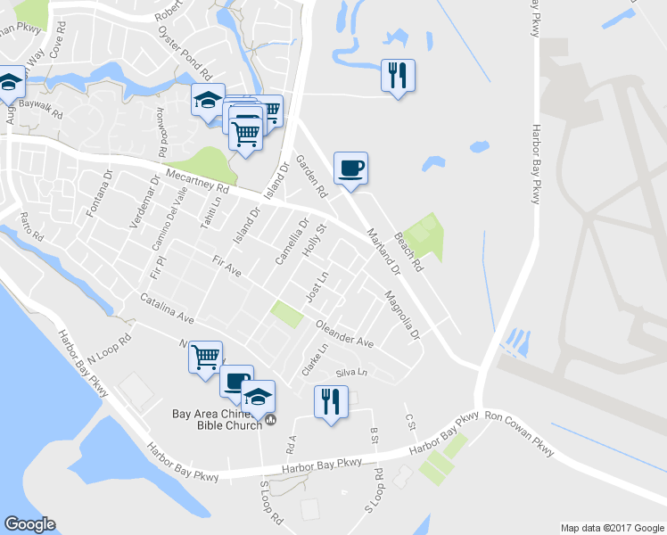 map of restaurants, bars, coffee shops, grocery stores, and more near 1042 Jost Lane in Alameda
