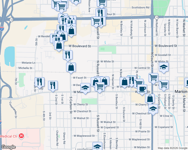 map of restaurants, bars, coffee shops, grocery stores, and more near 1505 West Faust Street in Marion