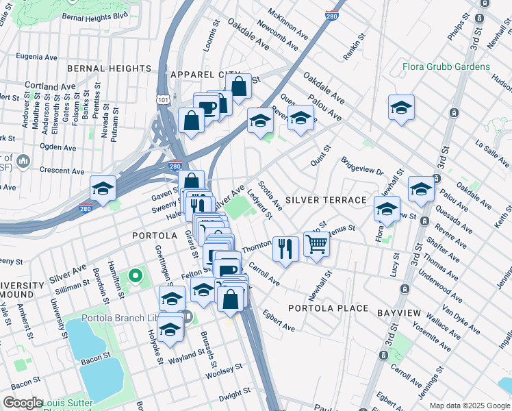 map of restaurants, bars, coffee shops, grocery stores, and more near 56 Ledyard Street in San Francisco