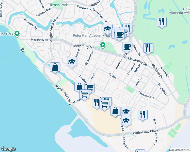 map of restaurants, bars, coffee shops, grocery stores, and more near 3170 Phoenix Lane in Alameda